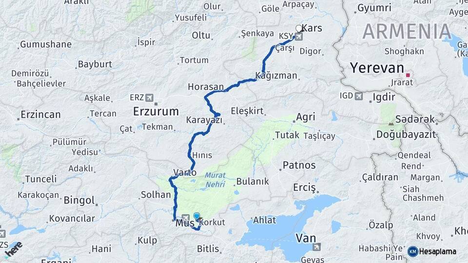 Muş Korkut Kars Arası Kaç Km - Yol Haritası