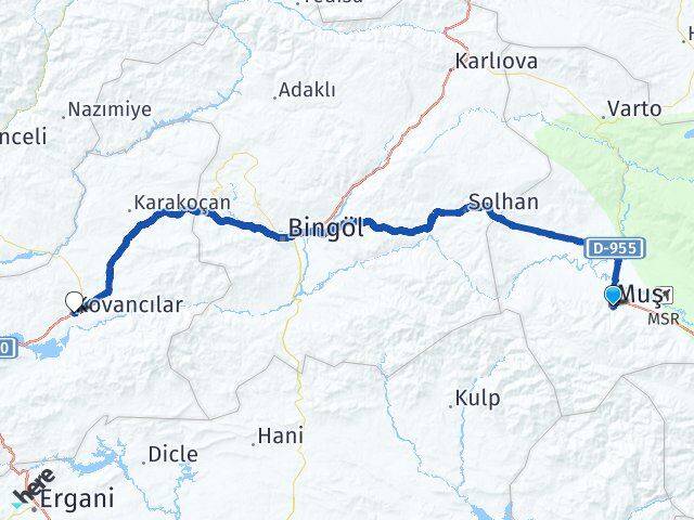 Muş Kovancılar Elazığ Arası Kaç Km - Yol Haritası