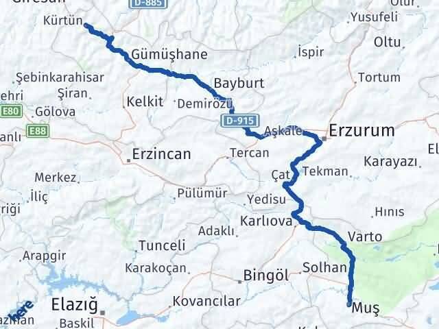 Muş Kürtün Gümüşhane Arası Kaç Km - Yol Haritası