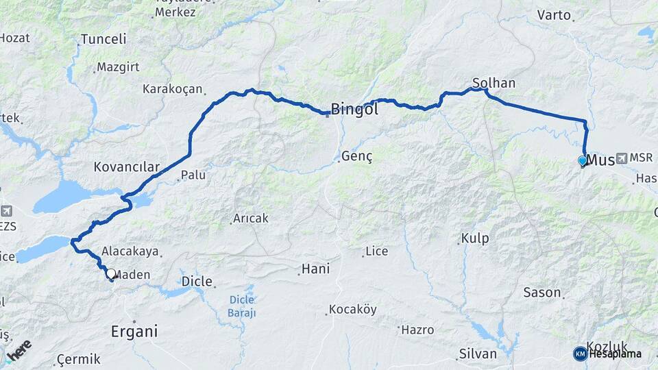 Muş Maden Elazığ Arası Kaç Km - Yol Haritası