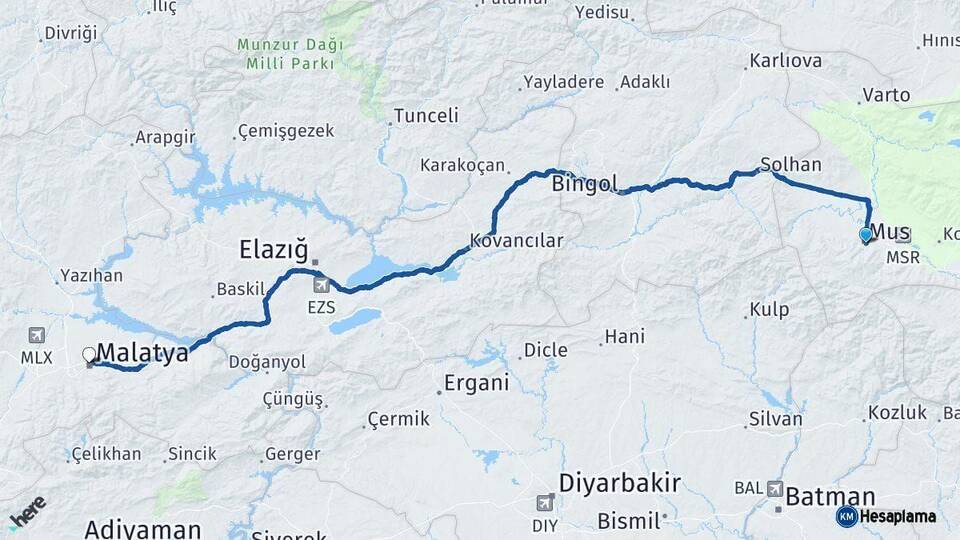 Muş Malatya Arası Kaç Km - Yol Haritası