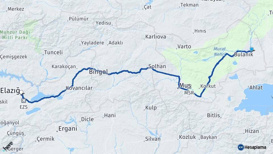 Muş Malazgirt Elazığ Arası Kaç Km - Yol Haritası