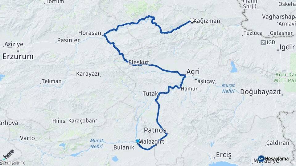 Muş Malazgirt Kağızman Kars Arası Kaç Km - Yol Haritası