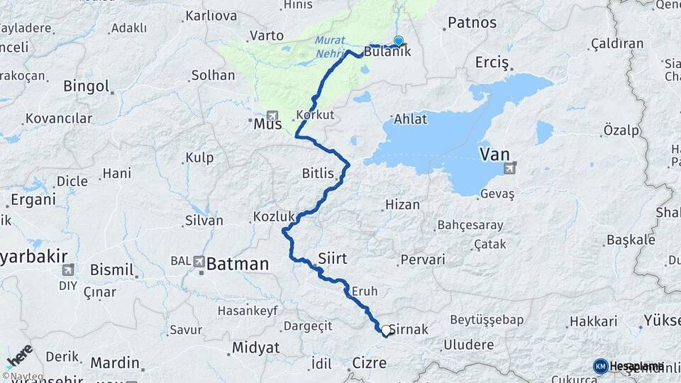 Muş Malazgirt Şırnak Arası Kaç Km - Yol Haritası