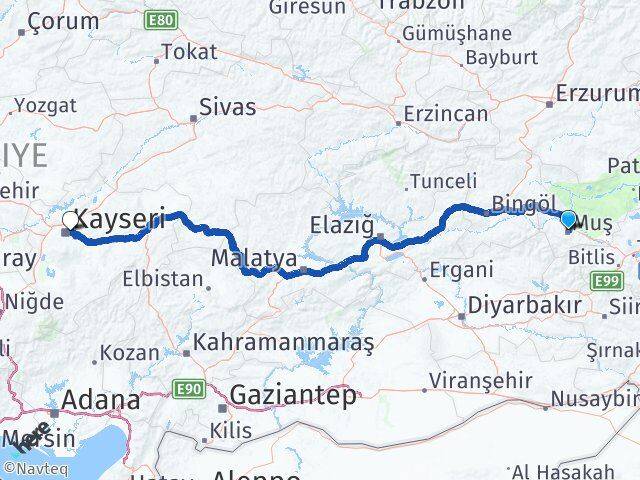Muş Melikgazi Kayseri Arası Kaç Km - Yol Haritası