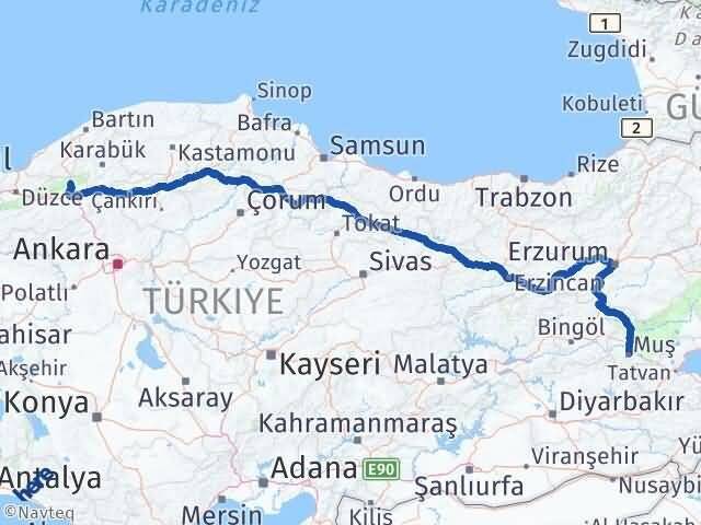 Muş Mengen Bolu Arası Kaç Km - Yol Haritası