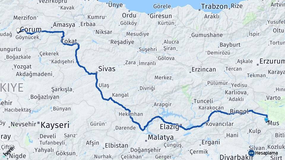 Muş Mercimekkale Arası Kaç Km - Yol Haritası