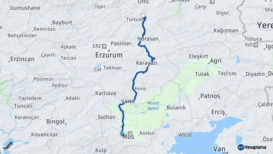 Muş Narman Erzurum Arası Kaç Km - Yol Haritası