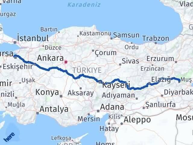 Muş Nilüfer Bursa Arası Kaç Km - Yol Haritası