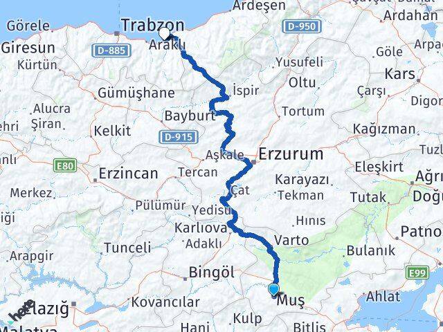 Muş Of Trabzon Arası Kaç Km - Yol Haritası