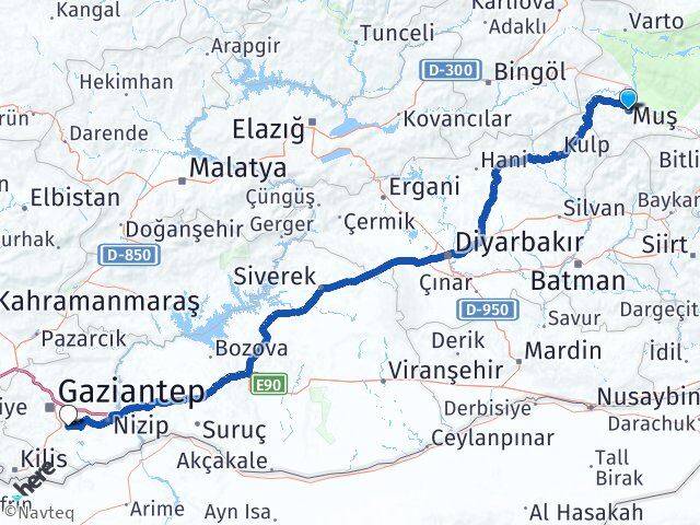 Muş Oğuzeli Gaziantep Arası Kaç Km - Yol Haritası