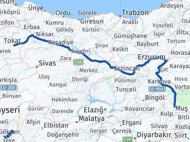 Muş Pazar Tokat Arası Kaç Km - Yol Haritası