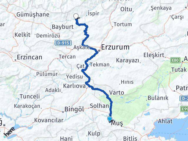 Muş Pazaryolu Erzurum Arası Kaç Km - Yol Haritası