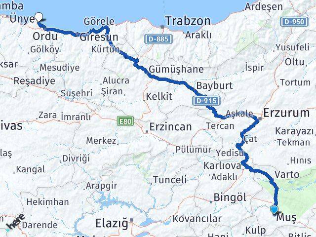 Muş Perşembe Ordu Arası Kaç Km - Yol Haritası