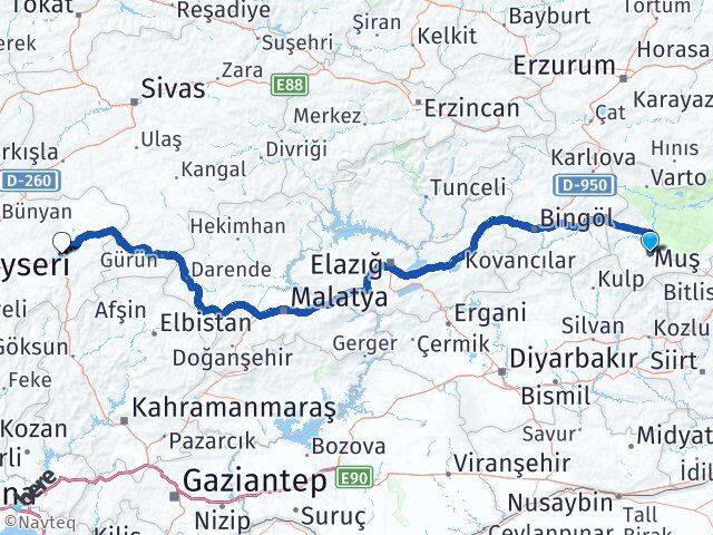 Muş Pınarbaşı Kayseri Arası Kaç Km - Yol Haritası