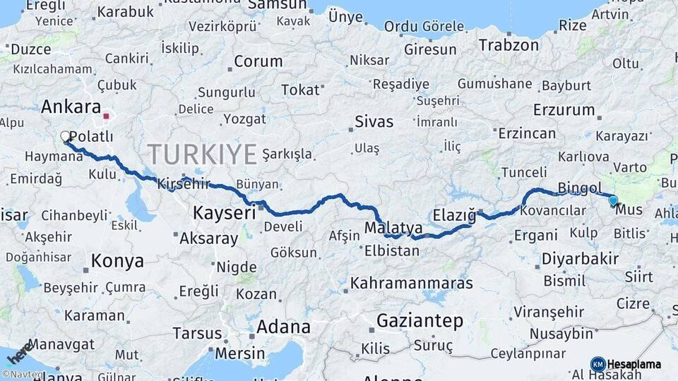Muş Polatlı Ankara Arası Kaç Km - Yol Haritası