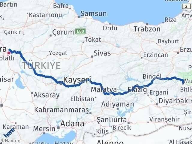 Muş Pursaklar Ankara Arası Kaç Km - Yol Haritası