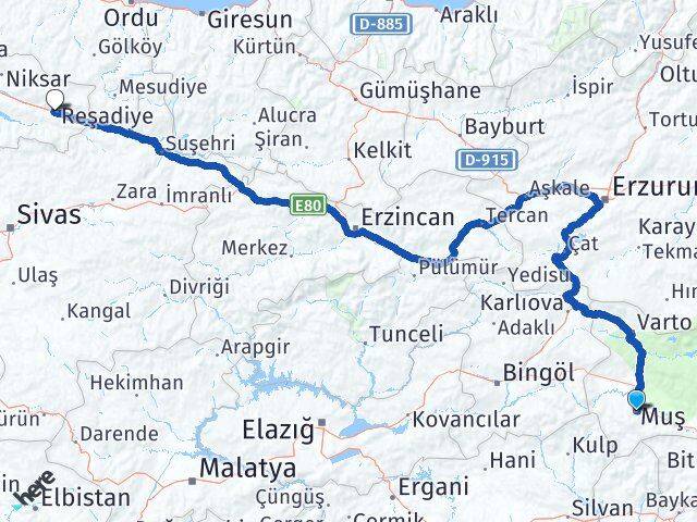 Muş Reşadiye Tokat Arası Kaç Km - Yol Haritası