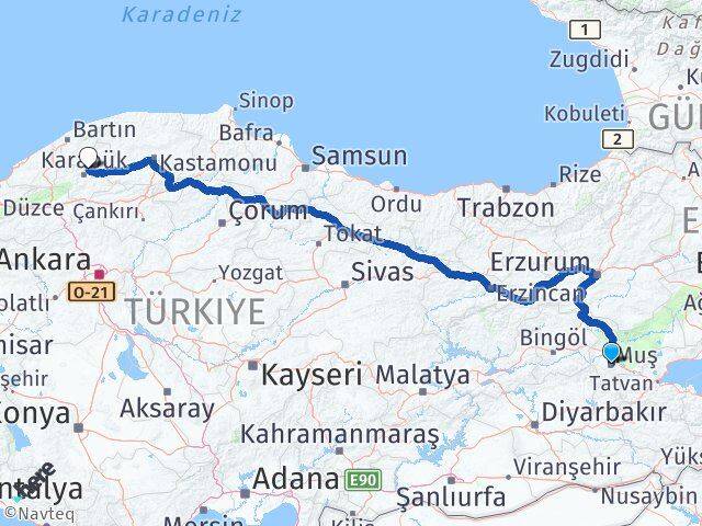 Muş Safranbolu Karabük Arası Kaç Km - Yol Haritası