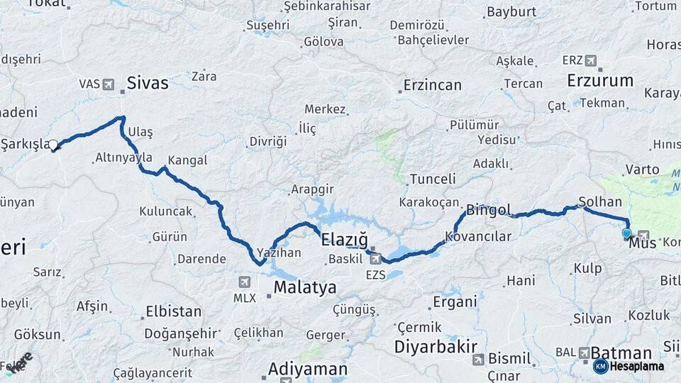 Muş Şarkışla Sivas Arası Kaç Km - Yol Haritası