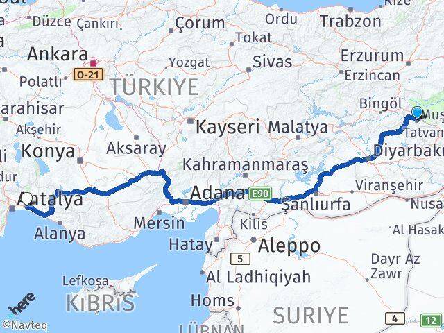 Muş Serik Antalya Arası Kaç Km - Yol Haritası