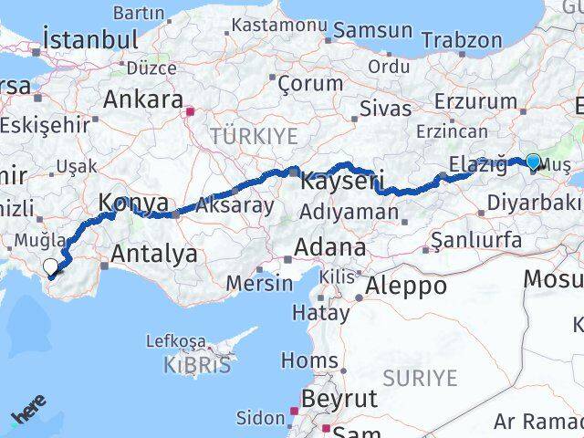 Muş Seydikemer Muğla Arası Kaç Km - Yol Haritası