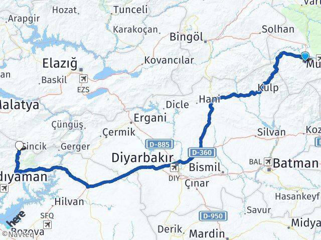 Muş Sincik Adıyaman Arası Kaç Km - Yol Haritası