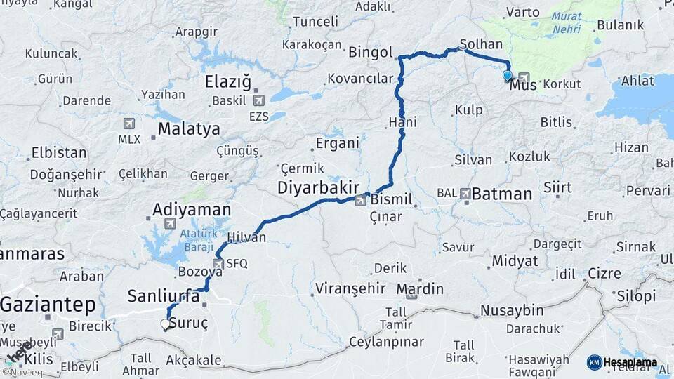 Muş Suruç Şanlıurfa Arası Kaç Km - Yol Haritası