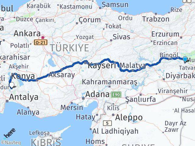 Muş Sütçüler Isparta Arası Kaç Km - Yol Haritası