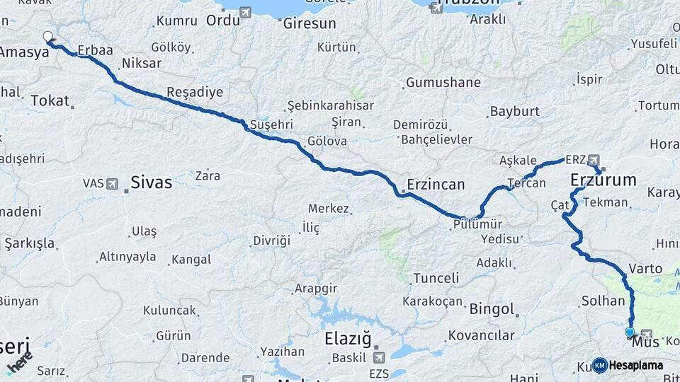 Muş Taşova Amasya Arası Kaç Km - Yol Haritası