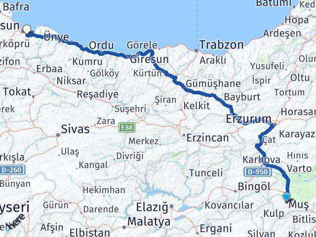 Muş Tekkeköy Samsun Arası Kaç Km - Yol Haritası