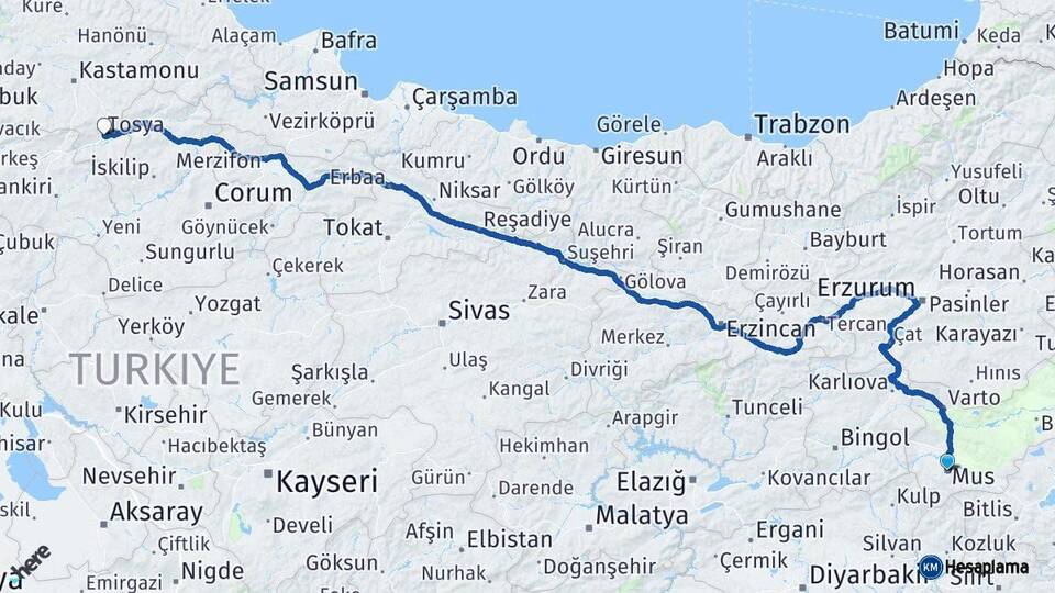 Muş Tosya Kastamonu Arası Kaç Km - Yol Haritası