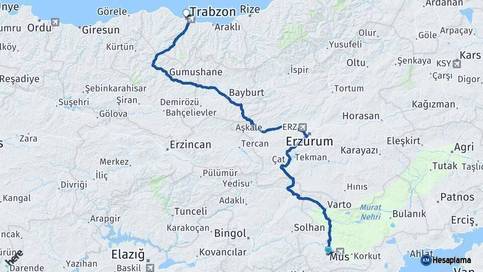 Muş Trabzon Arası Kaç Km - Yol Haritası