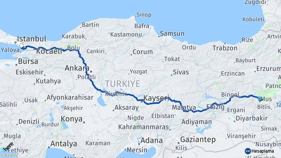 Muş Tuzla İstanbul Arası Kaç Km - Yol Haritası