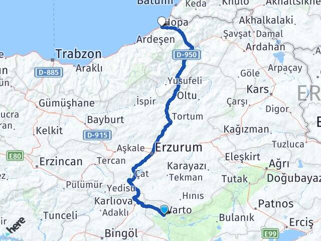 Muş Varto Hopa Artvin Arası Kaç Km - Yol Haritası