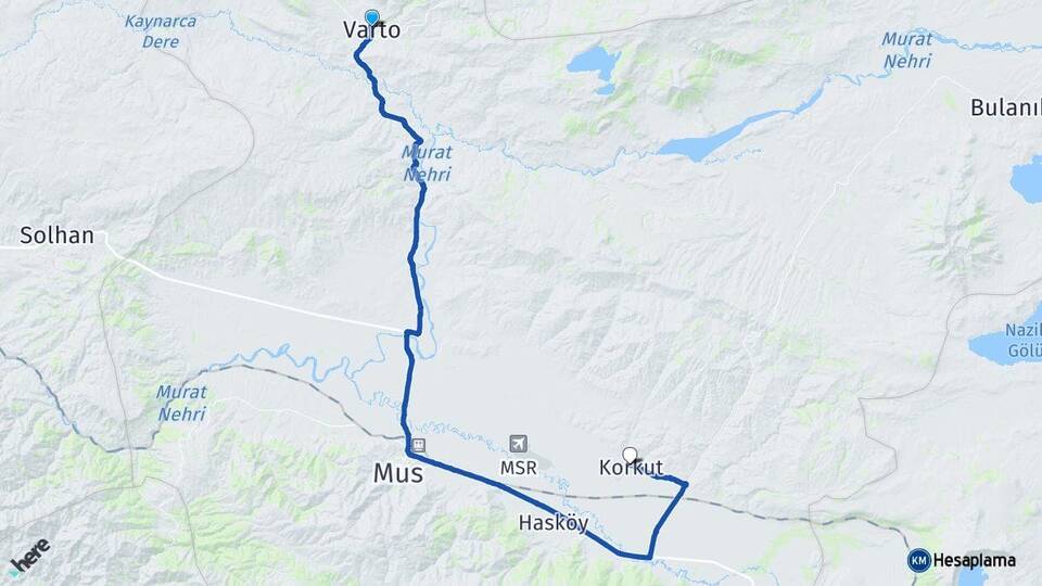 Muş Varto Korkut Arası Kaç Km - Yol Haritası