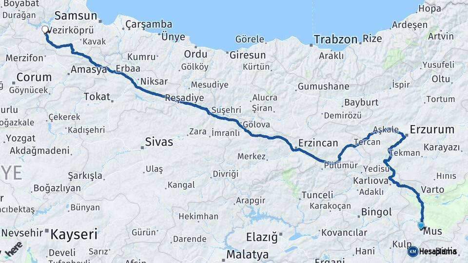 Muş Vezirköprü Samsun Arası Kaç Km - Yol Haritası