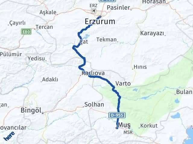 Muş Yakutiye Erzurum Arası Kaç Km - Yol Haritası