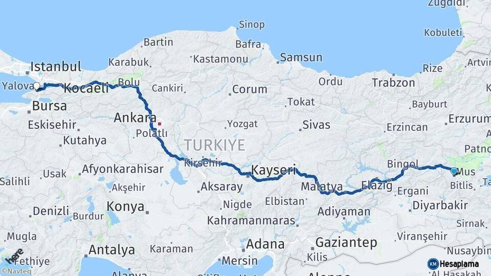 Muş Yalova Arası Kaç Saat? Yol Haritası, Yakıt, Rota ve Mesafe Hesaplama Muş Yalova Arası Kaç Km? Kaç Saat? Yol Haritası