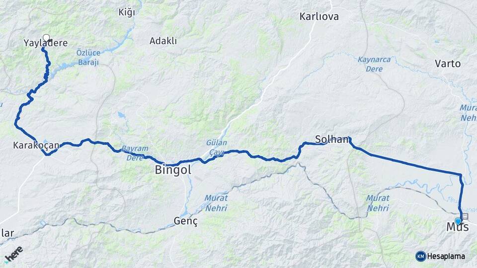 Muş Yayladere Bingöl Arası Kaç Km - Yol Haritası