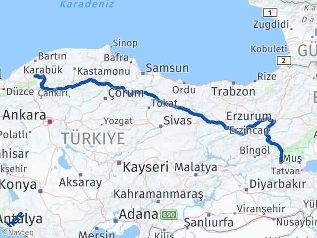 Muş Yenice Karabük Arası Kaç Km - Yol Haritası