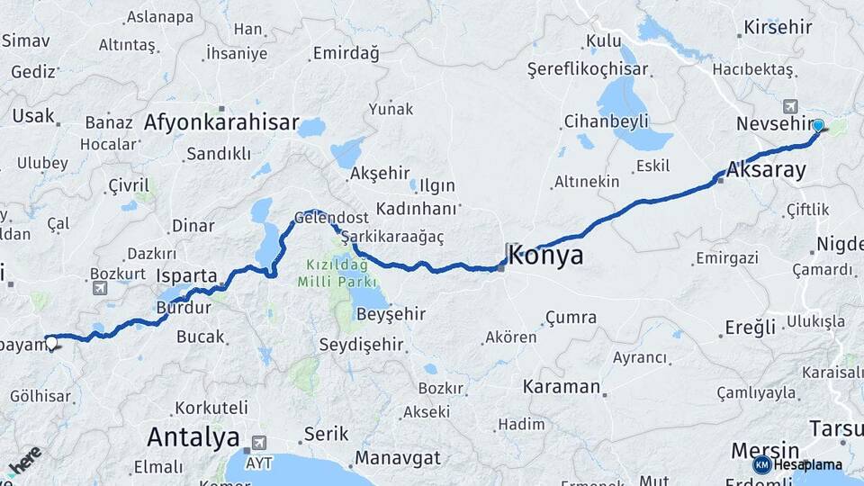 Nevşehir Acıpayam Denizli Arası Kaç Km - Yol Haritası