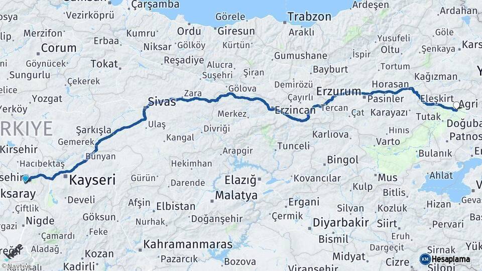 Nevşehir Ağrı Arası Kaç Km - Yol Haritası