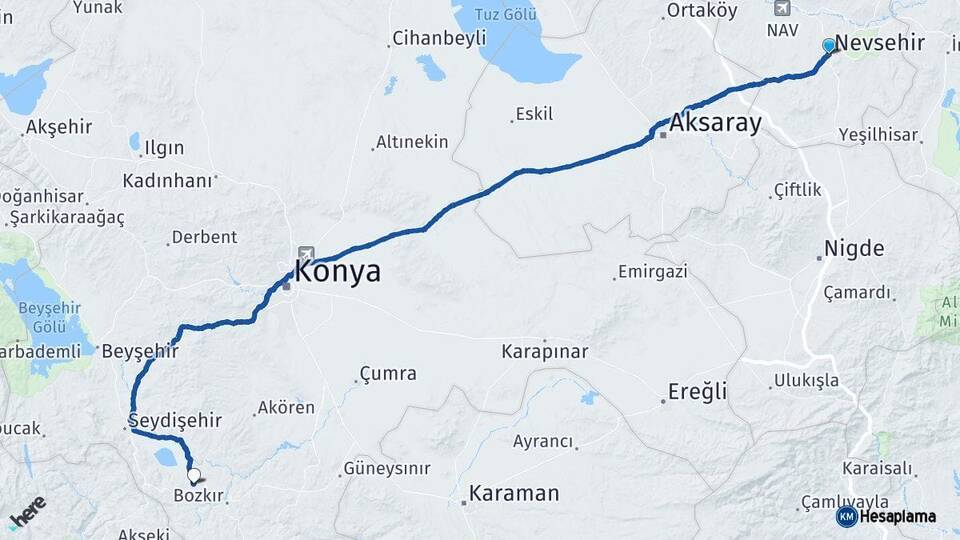 Nevşehir Ahırlı Konya Arası Kaç Km - Yol Haritası