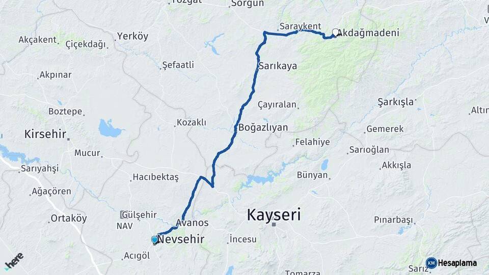 Nevşehir Akdağmadeni Yozgat Arası Kaç Km - Yol Haritası