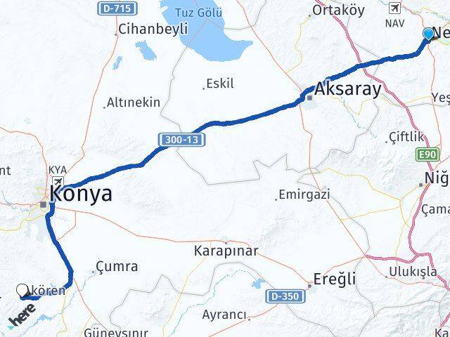 Nevşehir Akören Konya Arası Kaç Km - Yol Haritası