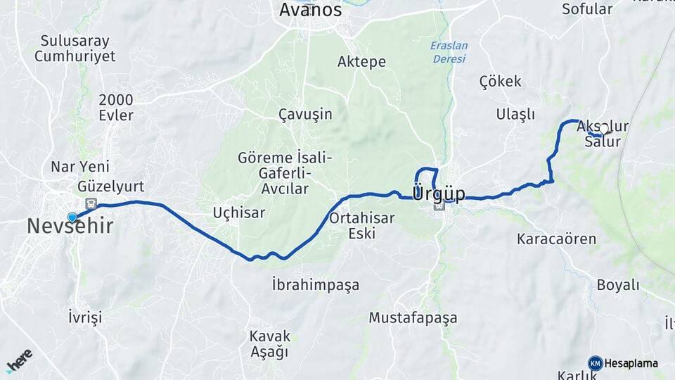 Nevşehir Aksalur Salur Ürgüp Arası Kaç Km - Yol Haritası