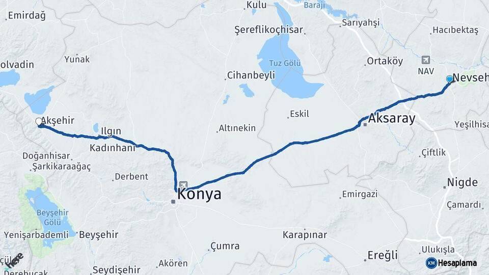 Nevşehir Akşehir Konya Arası Kaç Km - Yol Haritası
