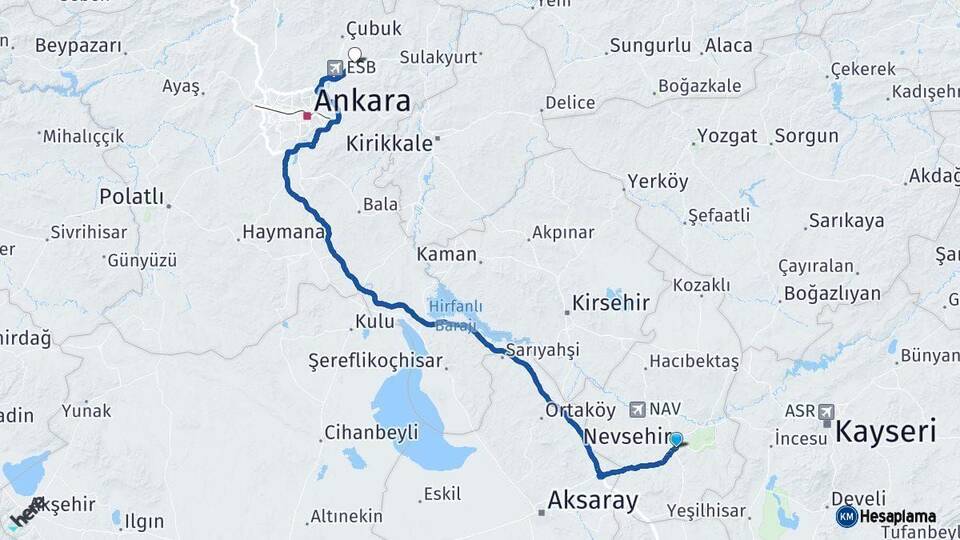Nevşehir Akyurt Ankara Arası Kaç Km - Yol Haritası