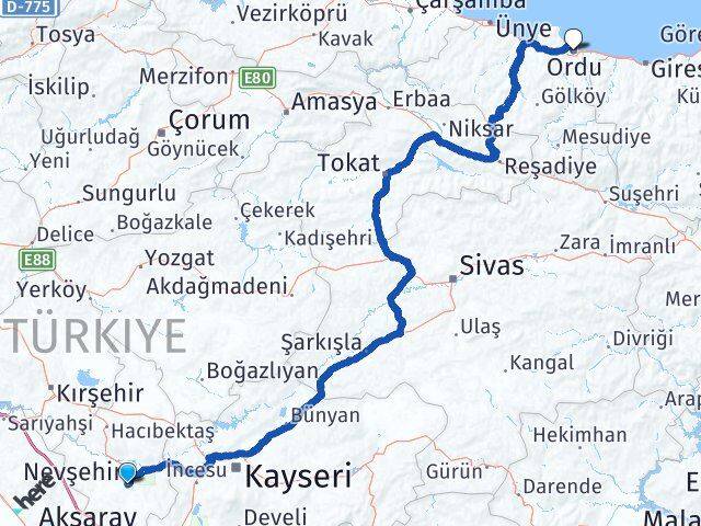 Nevşehir Altınordu Arası Kaç Km - Yol Haritası